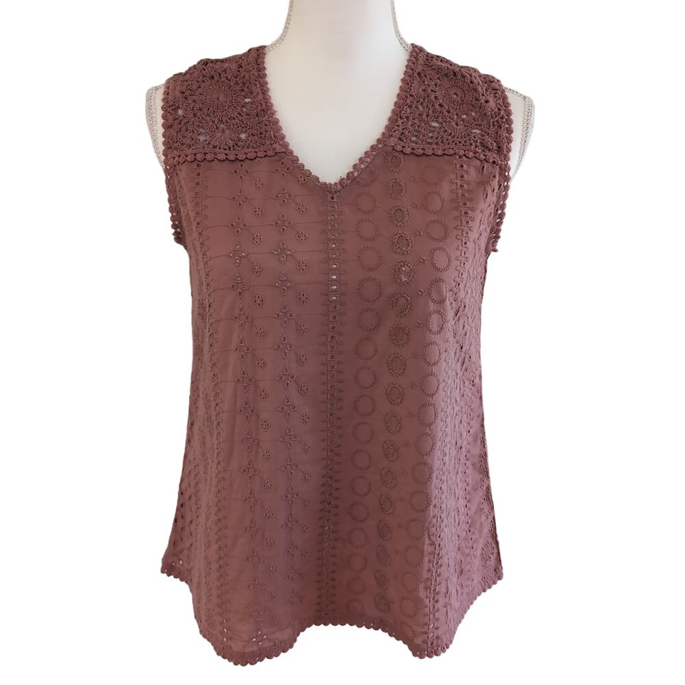 Joie Cotton Mauve Sleeveless Crochet Yolk Eyelet Top Size XS